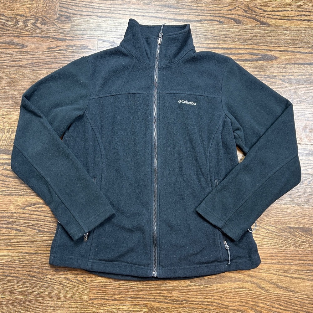 Columbia Fleece‎ Jacket Womens Medium Black Full Zip Mock Neck Pockets Hiking